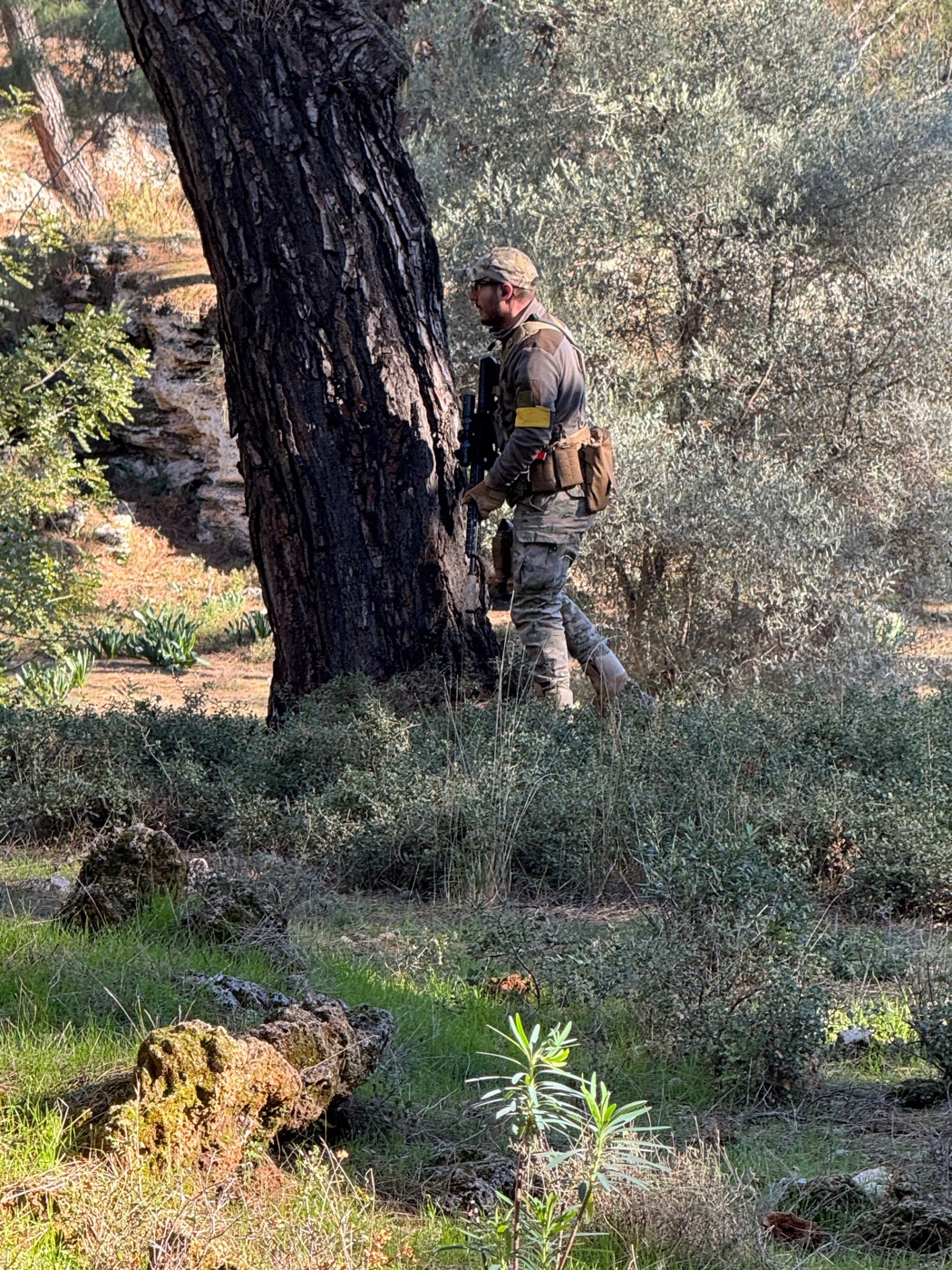 Antalya'nın doğasında zeytinlik arasında ilerleyen airsoft oyuncusu